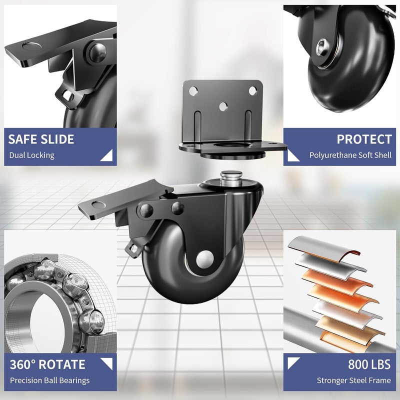 Apllamo Side Mount Plate Caster Wheels - Thickened L-Shaped Mounting ，Heavy Duty 800 LBS，Set of 4 with Brake，360° Swivel，Locking，Castor Wheels for Furniture，Carts，Cabinet，Table(Black, 2 inchs) - Image 3